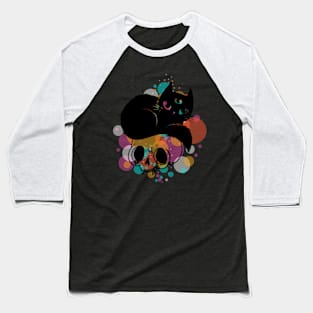 Black Cat with Skull Halloween Baseball T-Shirt